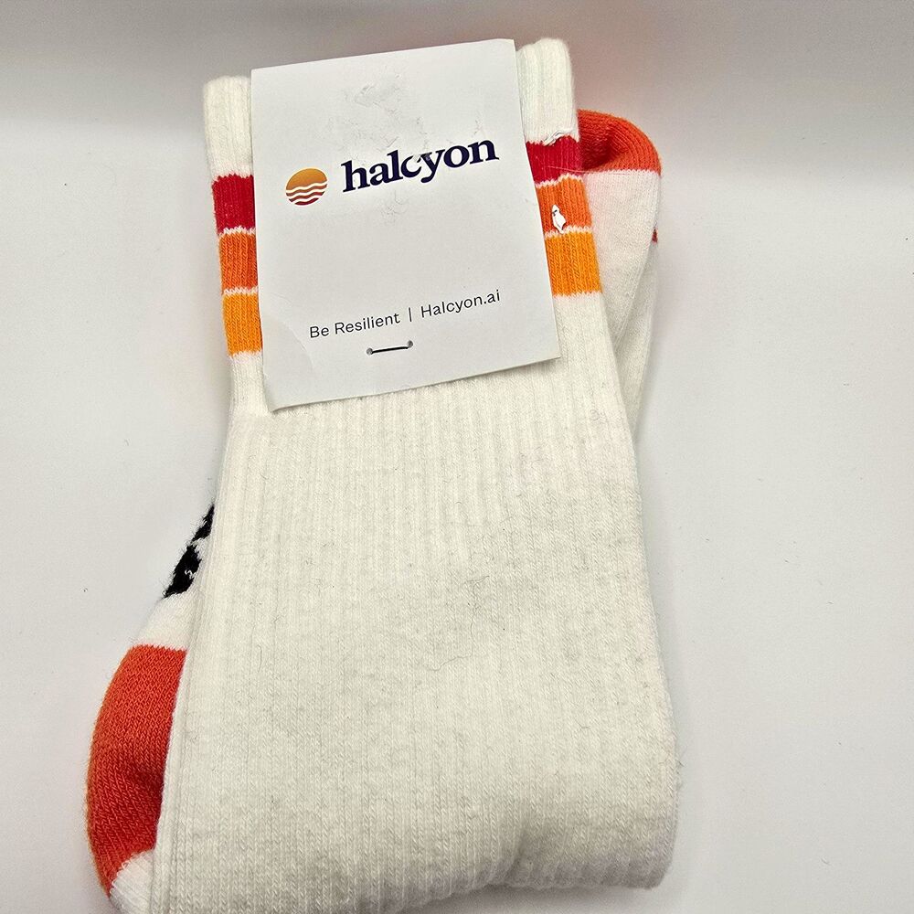 Halcyon Men's Crew Socks Size 9-11 White Orange Red Black Striped